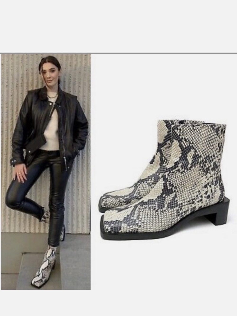 Zara Snakeskin Print Square Toe Square Block Heel Leather Ankle Boot Size 36